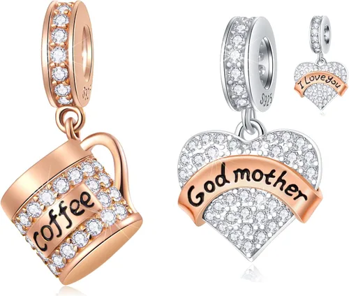Juego de dijes de oro rosa, compatible con pulseras de bricolaje, taza de café y colgante de I Love You God Mother en plata de ley 925, regalo de