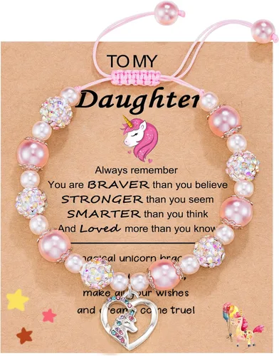 HGDEER Pulsera de unicornio para hijanietasobrina Pulsera de perlas rosas y bolas de diamantes de imitación Longitud ajustable Adecuado para