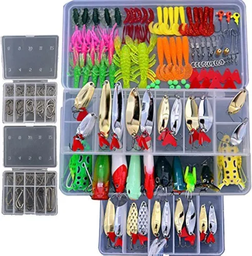 1 kit de pesca de 226 piezas, señuelos biónicos de trucha y salmón, señuelos de lucio de salmón, manivela de cebo suave y duro de metal con caja de