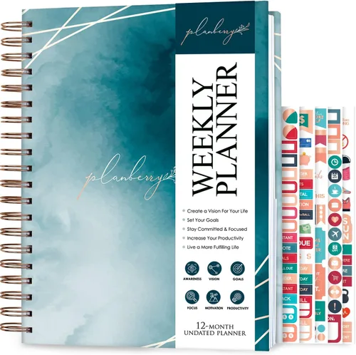 PLANBERRY Agenda semanal grande de alta calidad, planificador de vida y presupuesto sin fecha, organizador y diario de productividad, 8 x 10.4 Ocean