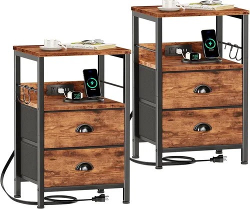Miniatura 12 de Furologee - Juego de 2 mesitas de noche, roble negro, con estación de carga y puertos USB, mesas auxiliares con 2 cajones de tela, mesas de cabecera