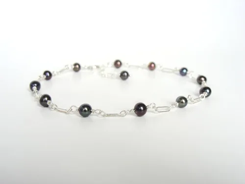 Miniatura 2 de Genuine Black Pearl Sterling Silver Anklet: handmade, dainty, adjustable length 9-10 inches