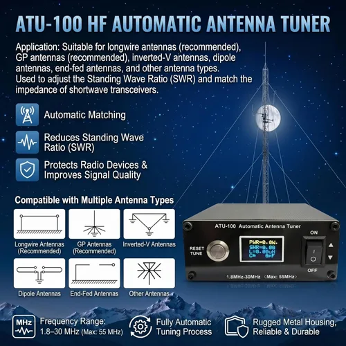 Miniatura 4 de V3.2 ATU-100 EXT - Sintonizador automático de antena para radioaficionado, 1.8-55MHz, sintonizador SWR bajo, coincidencia de impedancia, diseño