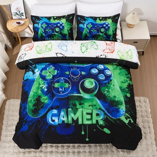 Miniatura 15 de NTBED Juego de edredón de consola de videojuegos de 5 piezas para niños y niñas, ropa de cama geométrica en una bolsa, de microfibra ligera