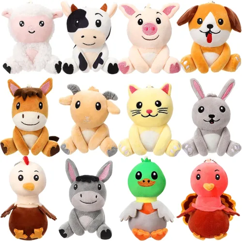Skylety 12 piezas de mini animales de peluche de safari de 3.9 pulgadas, animales lindos animales de granja, cabras, conejos, gatos, pollos, cerdos,