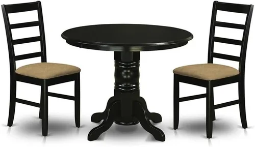 East West Furniture SHPF3-BLK-C - Juego de 3 piezas para espacios pequeños que contiene una mesa redonda con pedestal y 2 sillas de cocina de tela