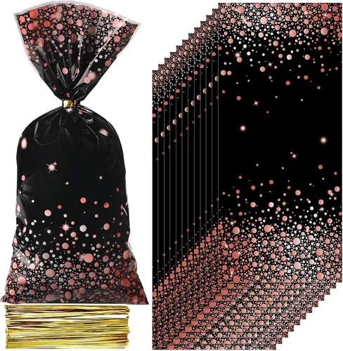 100 bolsas de celofán de color negro y oro rosa de 10.8 x 5 pulgadas, bolsas de plástico para fiestas, bolsas de dulces con 100 lazos dorados para