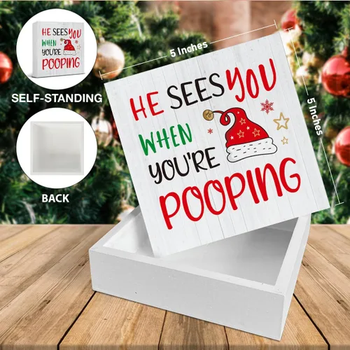 Miniatura 2 de Decoraciones de Baño de Navidad - Decoración Divertida de Navidad, Él Te Ve Cuando Estás Haciendo Popó Letrero de Madera de Baño, Decoración