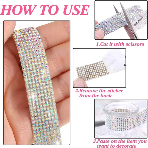 Miniatura 4 de 6 rollos de cinta de diamantes de imitación autoadhesiva con diamantes de imitación de 0.079 pulgadas (0.079 in) para manualidades, decoración de AB
