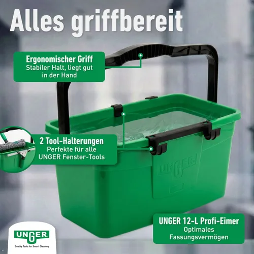 Miniatura 7 de Unger AK015 Kit de limpieza de ventanas PRO Set – Funda para lavadora eléctrica, escobilla ErgoTec, cubo 18L, limpiador líquido de vidrio 1L