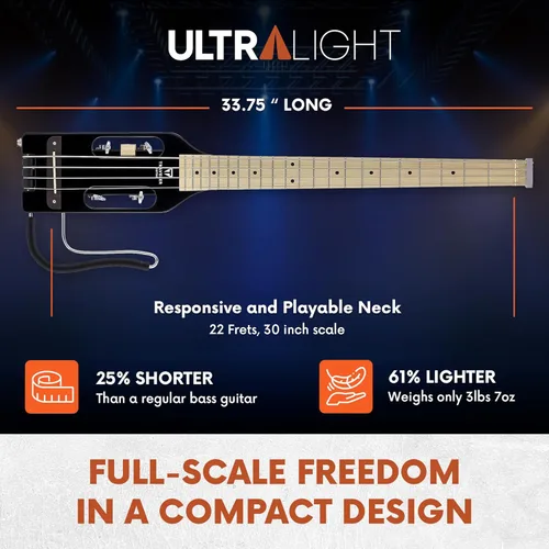 Miniatura 4 de Traveler Guitar Guitarra Bajo Ultra-Ligera Negro Brillante Guitarra de Bajo de Viaje Pequeña con Apoyo de Regazo Removible Guitarra Portátil sin