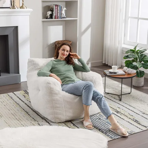 Miniatura 8 de Antetek Puf para adultos y niños, moderna silla decorativa de tela de peluche ultra suave para sala de estar, dormitorio, apartamento, marfil