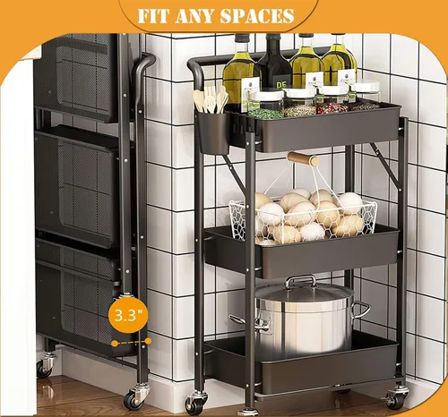 Miniatura 6 de Carrito plegable con ruedas de 3 niveles, carrito de almacenamiento utilitario de metal resistente sin montaje, carritos de cocina plegables sobre