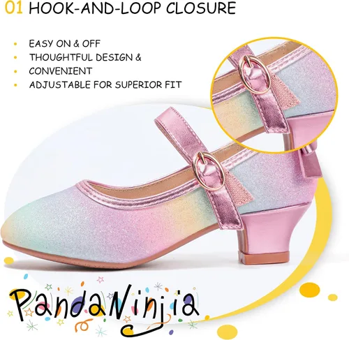 Miniatura 35 de PANDANINJIA Vestido de jada para niñas y niños pequeños, zapatos de princesa Mary Jane con tacones con lazo para fiesta, boda, boda