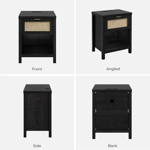 Miniatura 7 de SICOTAS Juego de 2 mesitas de noche negras con estación de carga, mesita de noche de ratán con cajón, moderna mesita de noche con puertos USB y tipo