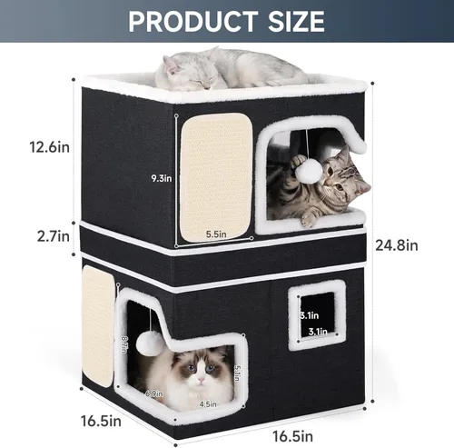 Miniatura 2 de Double Cat Beds for Indoor Cats, 2-Storey Cat House with Large Cozy Hideaways, Dual Purpose Cat Cave Cube with Scratch Pads, Fluffy Balls, Foldable
