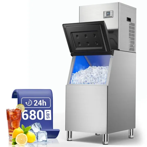 Máquina de hielo comercial, 680 libras/24 horas con contenedor de almacenamiento de 560 libras, 210 cubitos de hielo listos en 5-15 minutos, máquina
