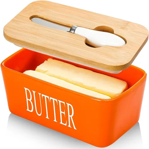 Miniatura 14 de Mantequillera con tapa: plato grande para mantequilla para encimera, recipiente de cerámica para mantequilla con cuchillo y alta calidad - Caja