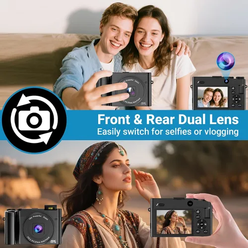 Miniatura 2 de Cámara digital 4K para fotografía y vlogging, cámara de video de YouTube compacta de enfoque automático de 64 MP con lente dual IPS de 3 pulgadas