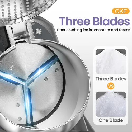 Miniatura 12 de OKF Máquina de afeitar de hielo para evitar salpicaduras, máquina eléctrica de hielo afeitado de 3 cuchillas, máquina de afeitar de hielo de 380 W