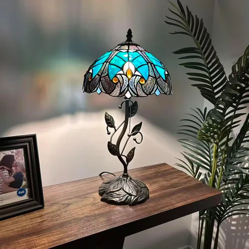 Miniatura 4 de Tiffany - Lámpara de mesa verde y marrón, hierro con hojas de metal, base de bronce, incluye bombilla LED, lámpara de enlace para sala de estar