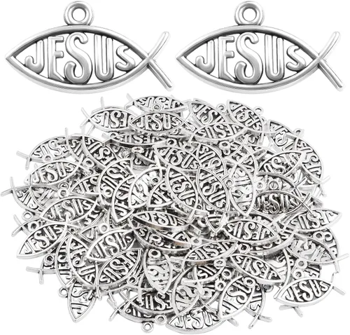 100 dijes de plata antigua con forma de pez de Jesús, de aleación tibetana, colgante cristiano en forma de pez, vintage, Jesús religioso, colgantes