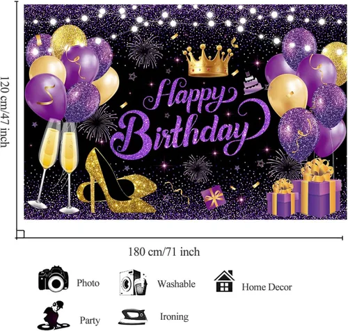 Miniatura 4 de 180x120 cm Púrpura Oro Negro Purpurina Telón de Fondo de Cumpleaños Feliz para Foto de Fiesta, Telón de Fondo de 71x47 Pulgadas Púrpura Oro