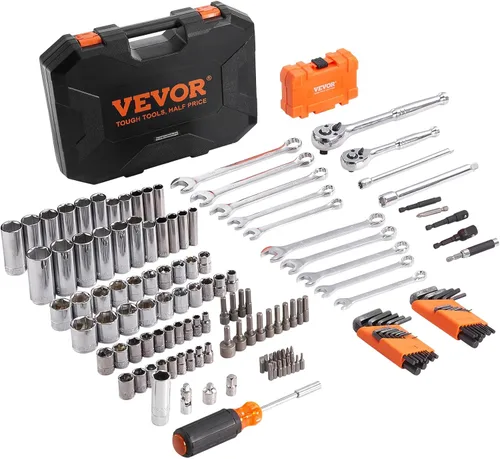 VEVOR - Juego de herramientas para mecánicos y juego de vasos estándar y profundos, 145 piezas en unidades SAE y métricas con puntas, llave
