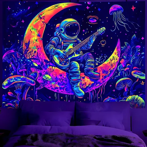 Miniatura 12 de BVBOX Tapiz de astronauta espacial con luz negra, reactivo a los rayos UV, galaxia, planeta que brilla en la oscuridad, póster de luz negra, arte