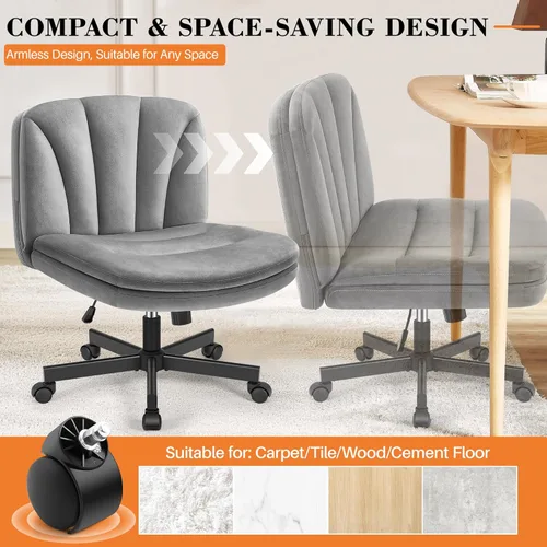 Miniatura 3 de FelixKing Silla Criss Cross con Ruedas, Silla de Oficina con Patas Cruzadas, Silla de Escritorio de Tocador Ancha sin Brazos con 2 Capas de gris