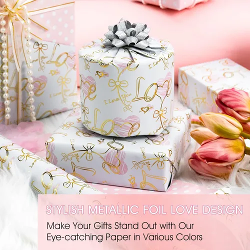 Miniatura 2 de Yarcony Papel de regalo reversible de boda, papel de regalo con temática de corazón, estampado creativo de amor y lazo, envoltura de regalo