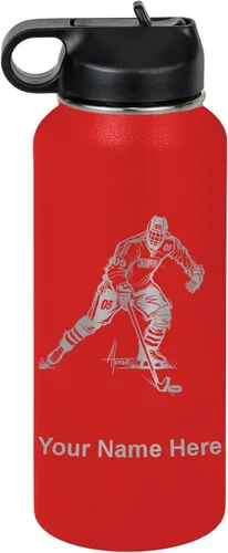 Miniatura 39 de LaserGram Botella de agua personalizada, jugador de hockey, acero inoxidable de doble pared aislada al vacío con popote superior, regalo grabado