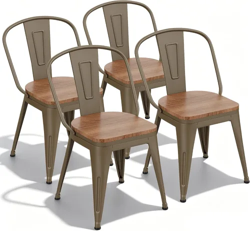 Miniatura 12 de Sillas de comedor de metal de 18 pulgadas, juego de 4 sillas de granja Arlunar, sillas de comedor negras apilables con respaldo y asiento de madera