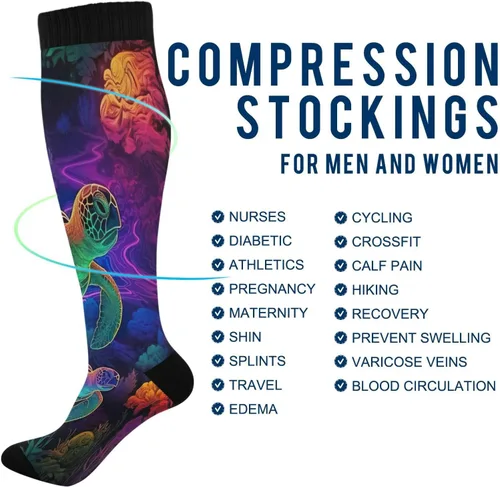 Miniatura 4 de xigua Misteriosos calcetines de compresión de tortuga pintada para mujeres y hombres, medias altas de circulación hasta la rodilla para correr