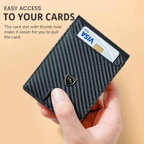 Miniatura 5 de GSOIAX Cartera delgada para hombre, con bloqueo RFID, billetera plegable de fibra de carbono, bolsillo frontal, con 11 tarjeteros, cartera