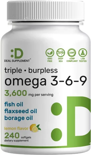 Suplementos de aceite de pescado Triple Omega 3-6-9 3,600 mg – 240 cápsulas blandas con aceite de linaza y complejo de aceites de borraja – Alto