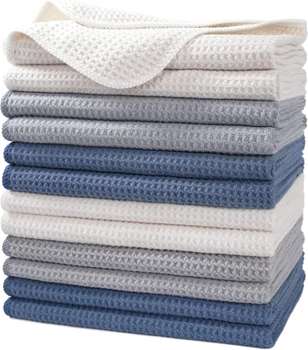 POLYTE - Toalla de cocina de microfibra premium, tejido gofre, juego de 12 (16 x 28 pulgadas, azul oscuro, gris, blanco claro)
