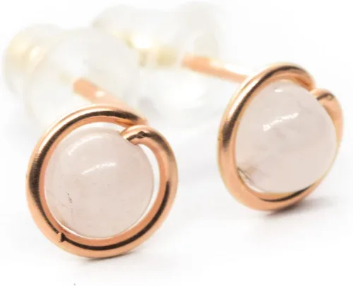 Miniatura 4 de Pequeños aretes de cuarzo rosa de 14 quilates rellenos de oro rosa círculo redondo hecho a mano