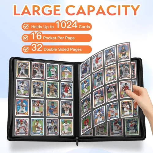 Miniatura 3 de Carpeta Premium de Tarjetas Coleccionables con más de 1000 bolsillos, Carpeta de 16 bolsillos sin anillo de carga lateral para cartas de Negro