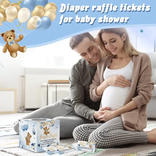 Miniatura 3 de skuhyyg 50 boletos para rifas de pañales con caja de juego para baby shower, oso azul, oso rosa, letrero de sorteo de pañales, con texto en inglés
