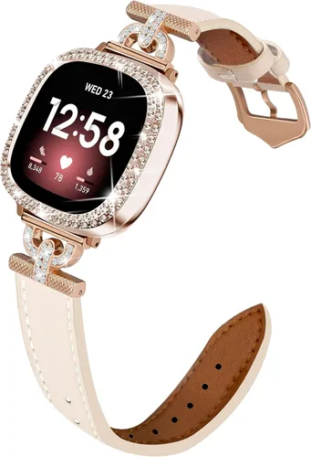Miniatura 3 de Correa de cuero compatible con Fitbit Sense 2/Versa 4 para mujeres, elegante correa de cuero con hebilla metálica en forma de D con strass con funda