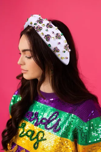 Miniatura 2 de PHALIN Diadema de Mardi Gras para mujer, accesorios de carnaval de Mardi Gras, corona de flor de lis, diadema con diamantes de imitación y perlas
