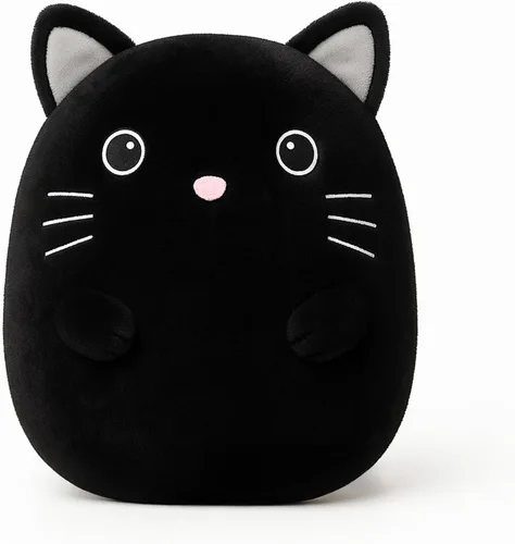 WEIGEDU Gatito negro de peluche con ojos bordados para niño y niña, decoración de Halloween, cojín de almohada, sofá, regalos de inauguración de la