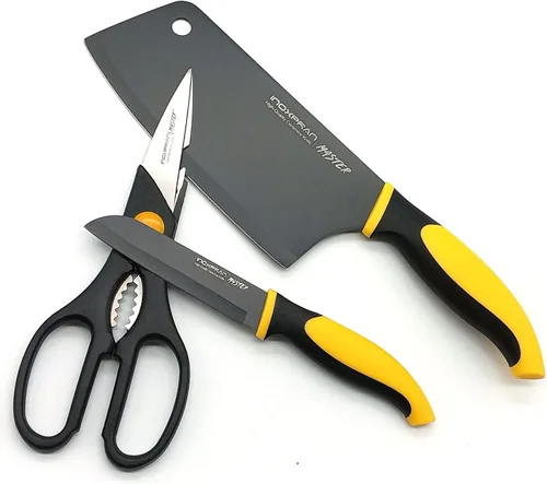 Miniatura 7 de GARASANI Juego de 3 cuchillos de chef, acero inoxidable, revestimiento de cerámica negra, 1 cuchillo de cocina chino, 1 cuchillo de fruta, 1 tijeras