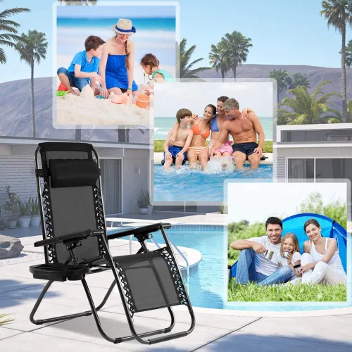 Miniatura 7 de Silla Zero Gravity para patio, tumbona, paquete de 2 sillas reclinables plegables ajustables para exteriores con bandeja portavasos, almohadas