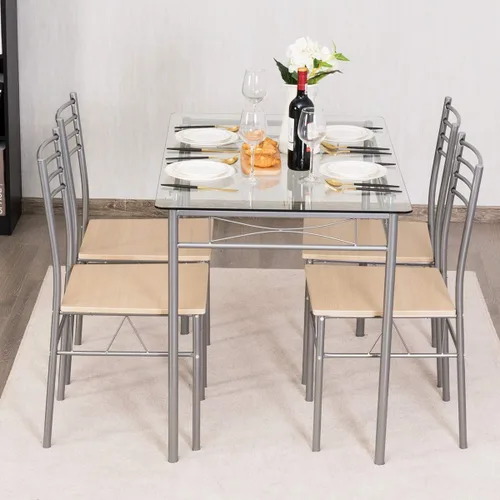 Miniatura 2 de Juego de mesa de comedor moderno para 4, juego de mesa de comedor con mesa de cristal, marco de metal y asiento de madera, mesa de cocina de 5