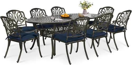 Miniatura 25 de Juego de comedor de patio de 9 piezas, mesa y sillas de patio al aire libre, mesa de comedor ovalada de aluminio fundido de 84 pulgadas con agujero