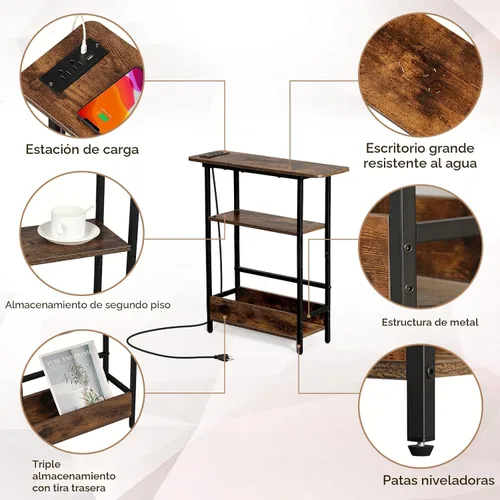 Miniatura 7 de Mesa auxiliar estrecha con estación de carga USB-C, mesa auxiliar delgada de 3 niveles con soporte para revistas, mesa auxiliar delgada moderna