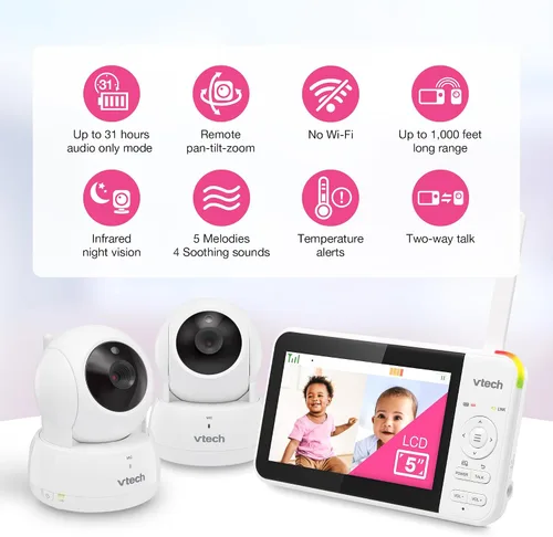 Miniatura 2 de VTech Monitor de bebé sin WiFi, pantalla de 5 pulgadas y zoom panorámico remoto para recién nacidos, a prueba de piratas, batería de 17 horas, rango