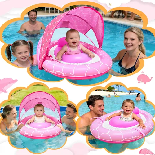 Miniatura 5 de Flotador para bebé con toldo para edades de 6 a 36 meses, protección solar UPF50+, toldo ajustable de 4 etapas, doble cámara de aire, asiento